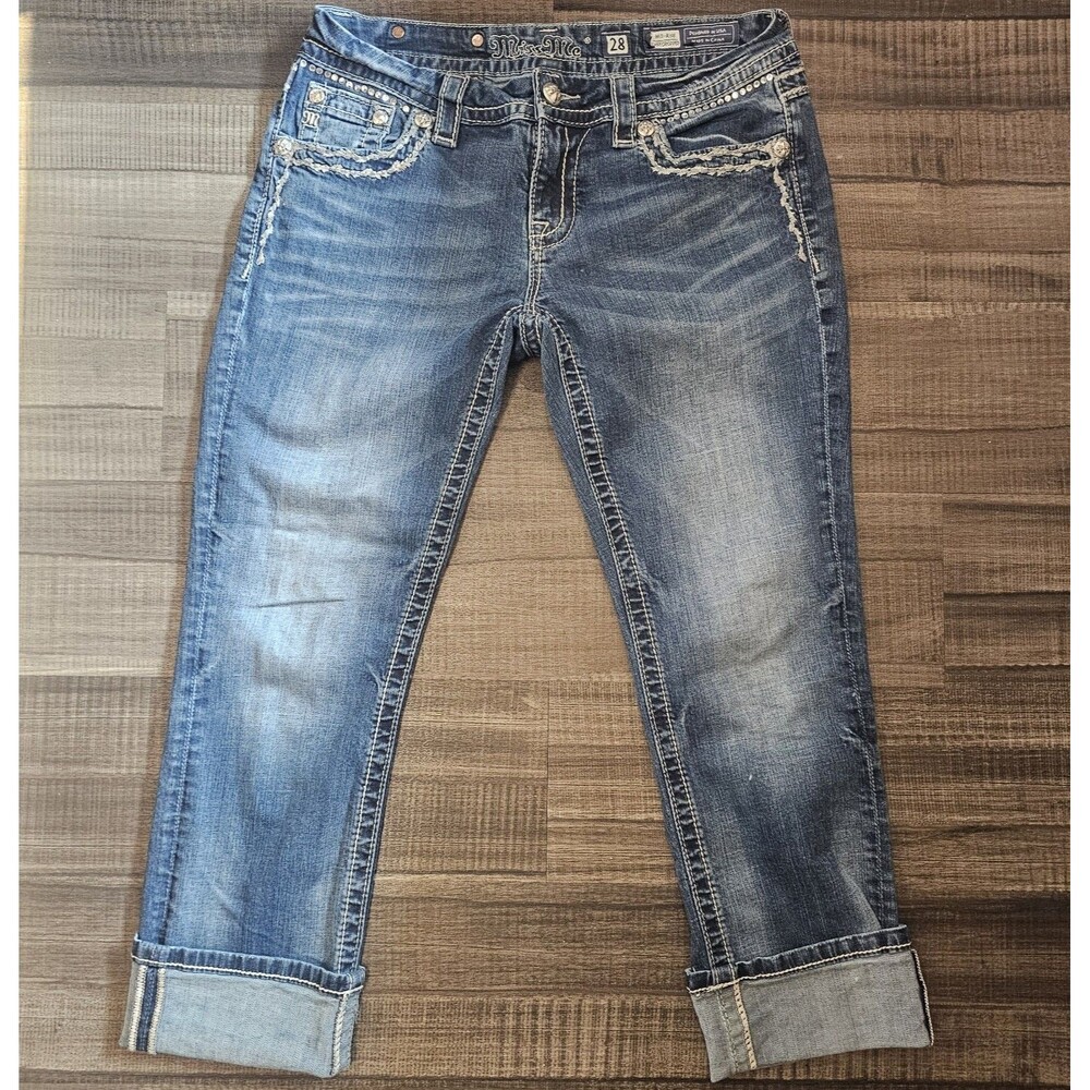 Miss Me Womens Capri Jeans Blue Medium Wash Bling Embellished Pocket Vintage Y2k